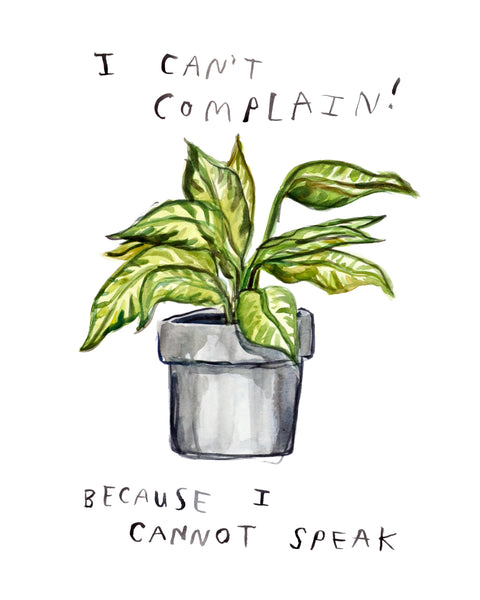 painting of a houseplant by artist Heather Buchanan. lettering says "I can't complain! ...because I cannot speak."