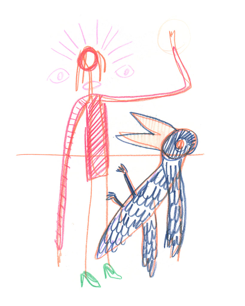 Drawing of a person and a bird. Sort of.