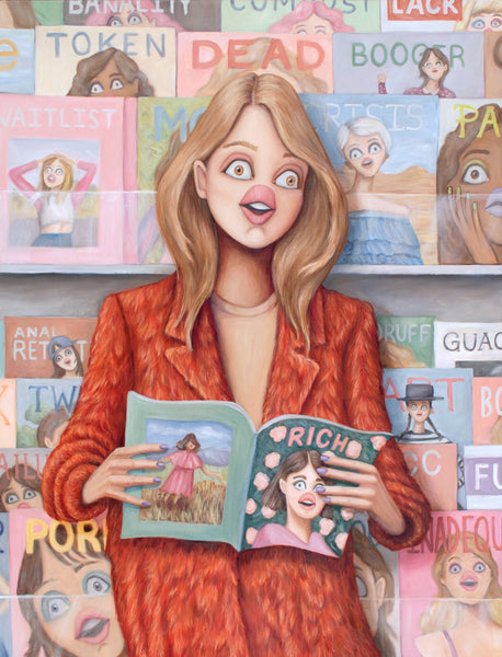 Painting of a woman in front of a magazine stand. She's reading Rich Magazine, and all the faces on the magazines behind her look stressed out. Contemporary canadian painting by artist Heather Buchanan