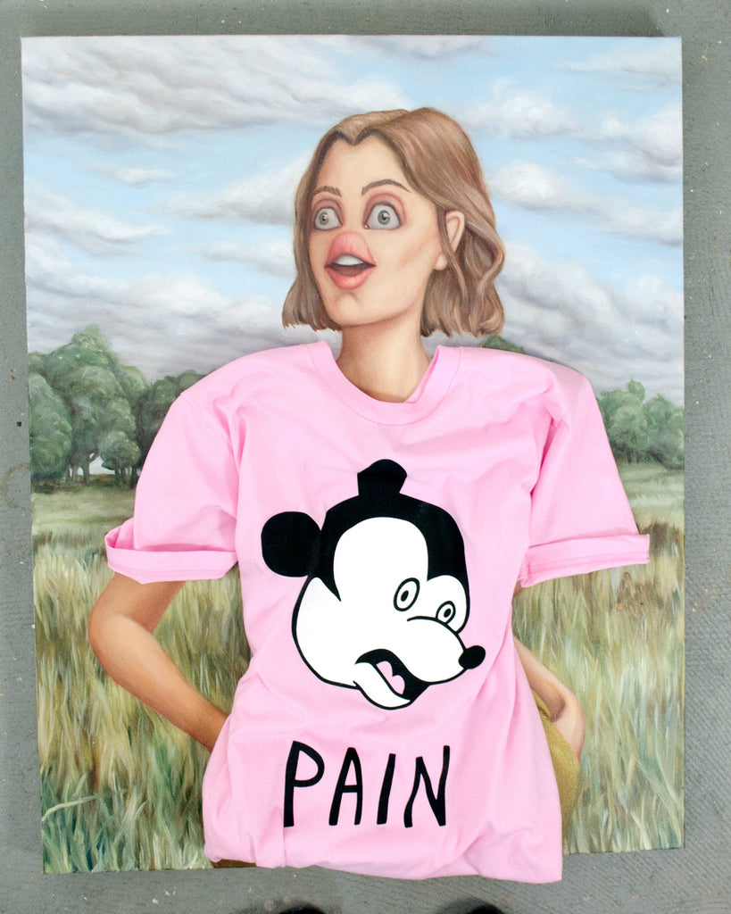 A Painting modelling a tshirt.