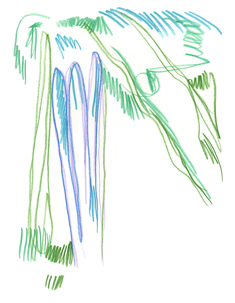 a pencil crayon drawing called "Why do we even go look at waterfalls if our memories of them are so totally inadequate, and no matter how many waterfalls you look at or how long you look at them, you are still incapable of replicating the feeling of looking at a waterfall on command?"