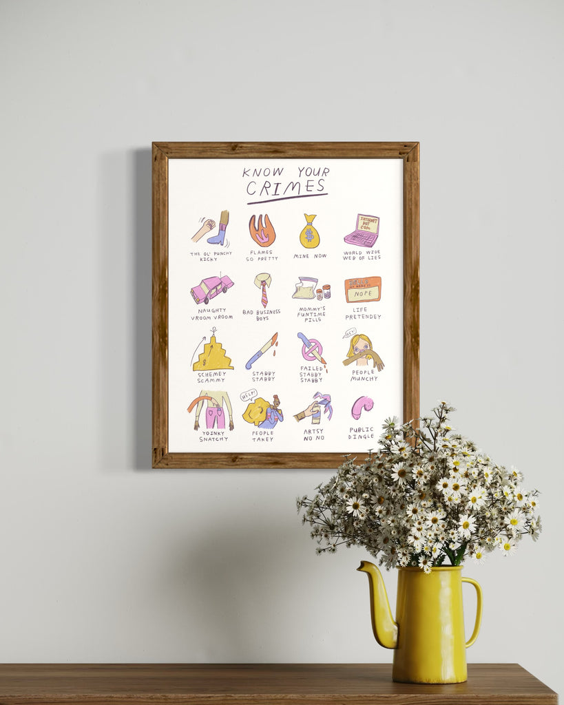 Funny art print of illustrated crimes, funny version of a variety of different crimes 