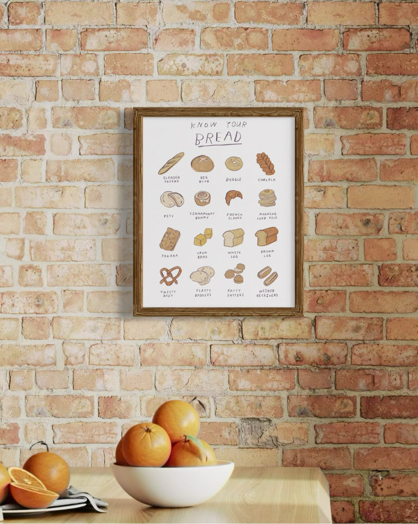 Minimal funny illustration print for your kitchen brick background drawing of different kinds of breads carb lover print loaf of bread print art print illustration drawing print for home decor
