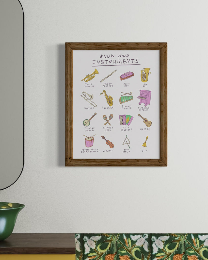 Funny art print of musical instruments, funny names for flute trumpet banjo saxophone piano drums tuba harmonica triangle violin funny art print by illustration artist Heather Buchanan, cute funny illustration of musical instruments 
