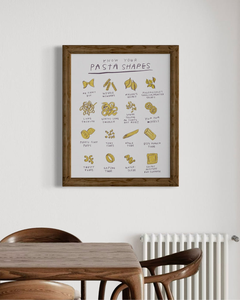 Poster of pasta shapes but all the names are funny and wrong, illustration print by artist Heather Buchanan