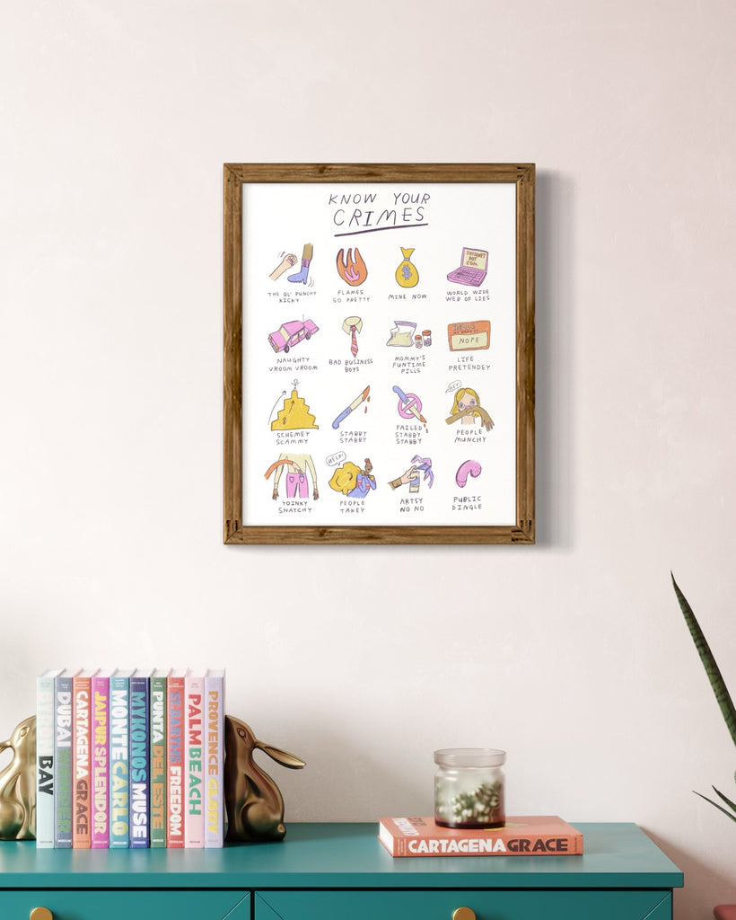 Illustration art print of crime terms but funny by artist Heather Buchanan, illustration print drawing of funny wonky silly parody print 