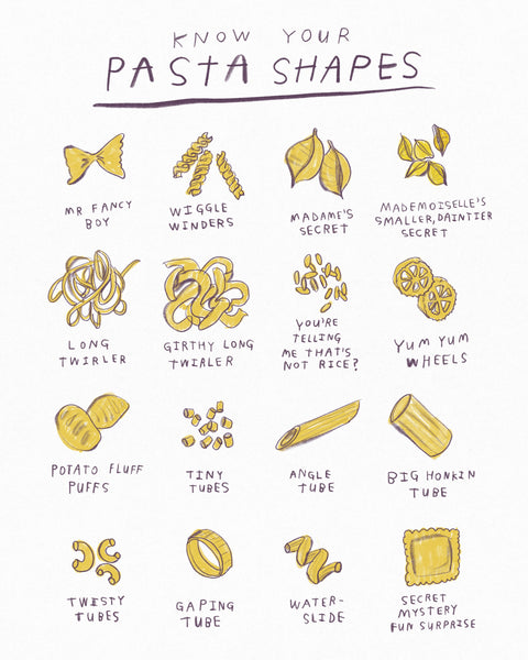 Art illustration of pasta shapes by Heather Buchanan Funny pasta shape vocabulary, funny names for pasta shapes, silly funny illustration art, funny kitchen illustration, funny art for your kitchen