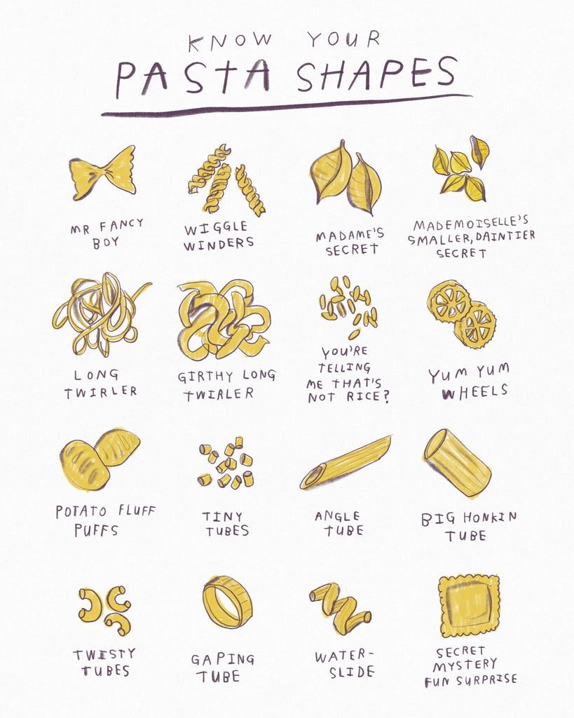 Art illustration of pasta shapes by Heather Buchanan Funny pasta shape vocabulary, funny names for pasta shapes, silly funny illustration art, funny kitchen illustration, funny art for your kitchen