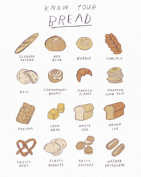 Funny Bread Print for your kitchen, illustration print of types of Bread for your house, drawing of all different kinds of breads by artist Heather Buchanan, baguette bagel pita focaccia pretzel hamburger bun loaf croissant pancakes
