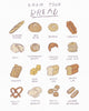 Funny Bread Print for your kitchen, illustration print of types of Bread for your house, drawing of all different kinds of breads by artist Heather Buchanan, baguette bagel pita focaccia pretzel hamburger bun loaf croissant pancakes