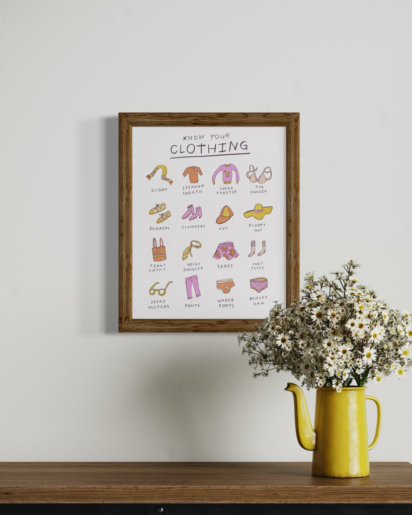 A framed image of an illustration by Heather Buchanan showing different Garments of clothing and the totally wrong silly names for each one. A funny ridiculous art print 