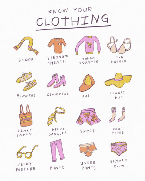 Print of an illustration showing different clothing and the completely wrong names for each garment. Scorf and jug huggers and underponts and peeky peepers. The illustration is cute and charming and made by Heather Buchanan