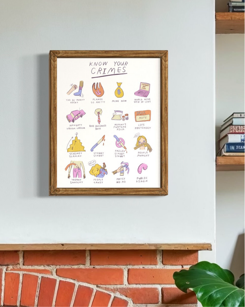 Funny illustration art print of crime vocabulary, illustration of various crimes but the crimes are all wrong, funny names for crimes