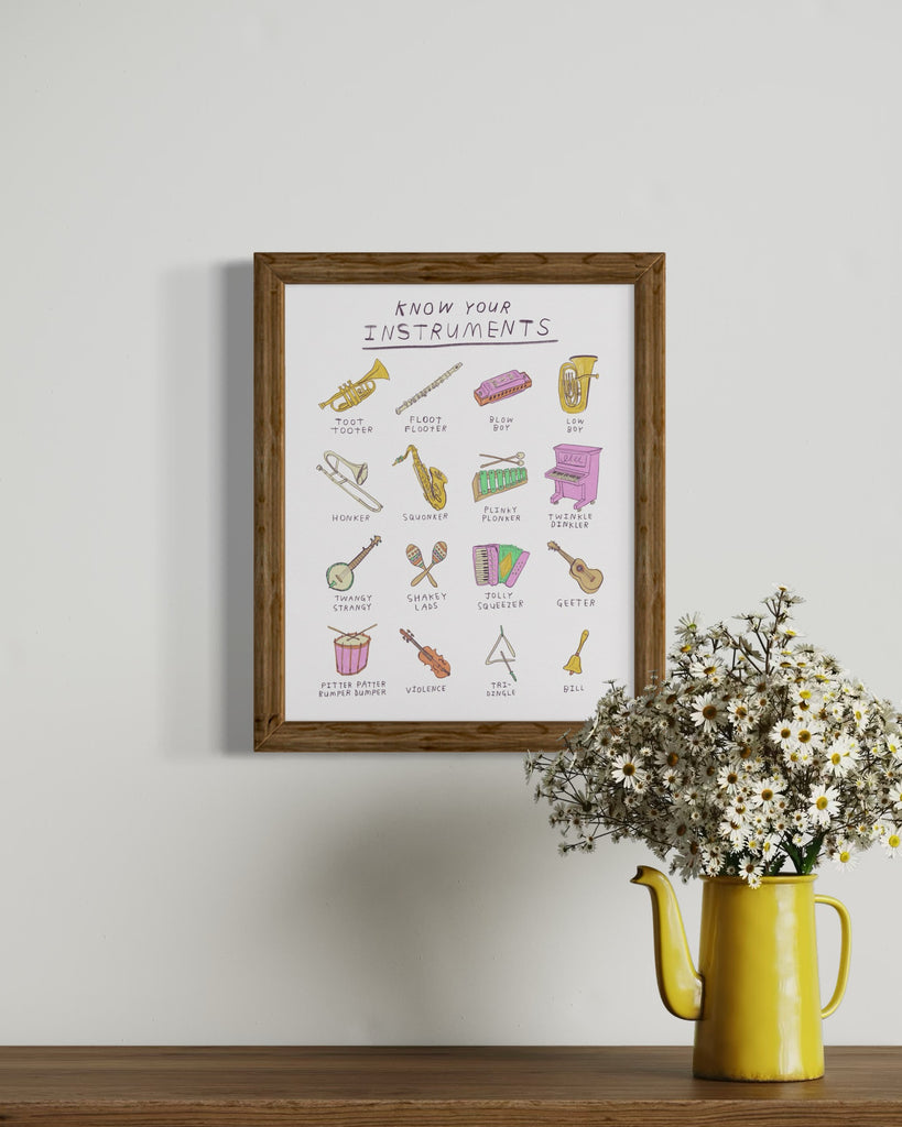 Funny illustration print with bright drawings of musical instruments and ridiculous names for all of the instruments
