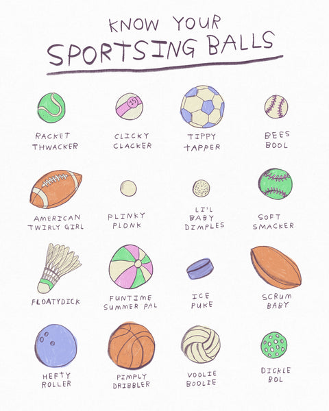 Funny sports illustration of different sports balls, balls from all different sports with all the wrong funny names, funny sports illustration of Sportsing balls by Canadian artist Heather Buchanan on a minimalist white background with a limited colour palette