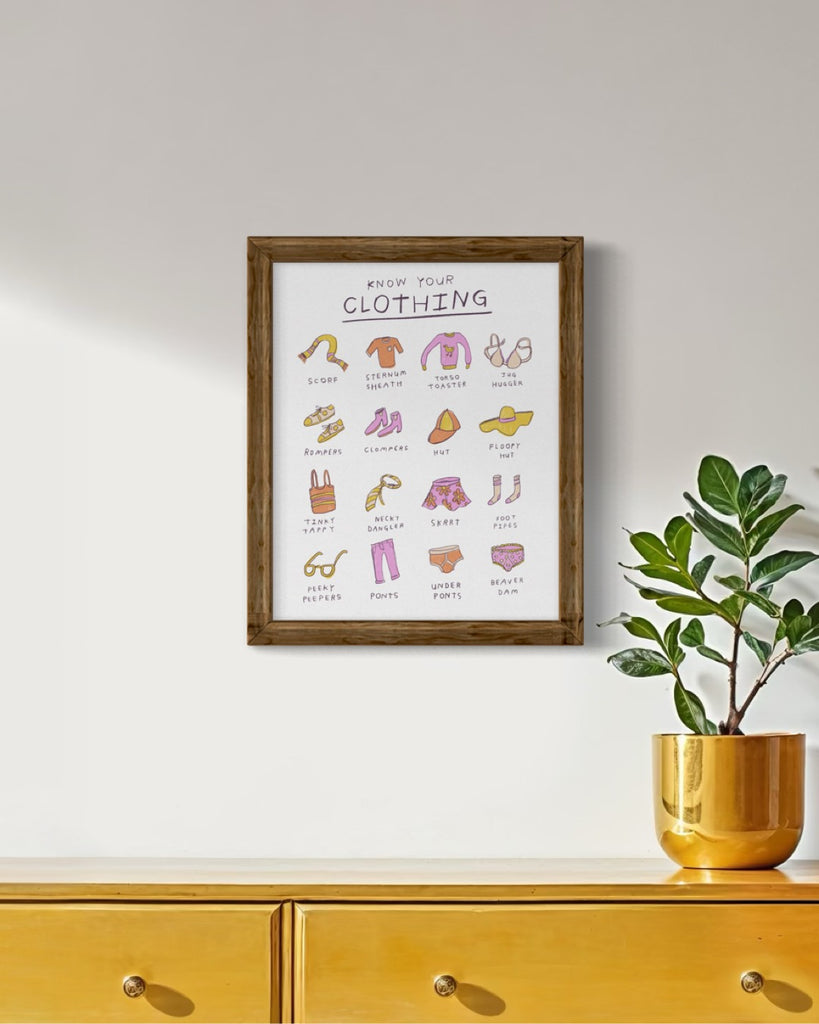 A funny art print showing 12 pieces of clothing and looking like a vocabulary helper, but instead each word is totally wrong. Drawing by artist Heather Buchanan
