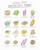 Art print of breakfast food vocabulary illustration, showing breakfast foods with humorously wrong names. Floofcakes for pancakes, toast is called tost, cereal is called cronch puddles, eggs are oggs and so on. By Canadian artist and illustrator Heather Buchanan. It is a digital illustration and a simple cute drawing of a grid of breakfast foods with their funny names below them. 