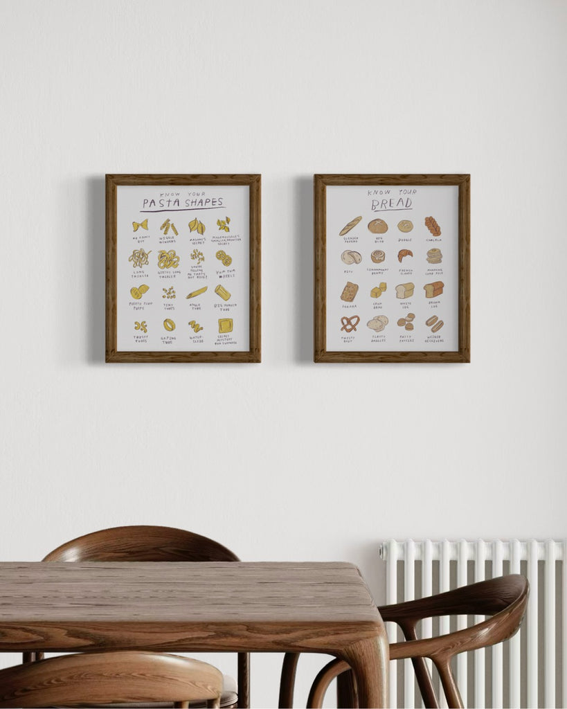 Cute funny minimalist kitchen prints, pasta and bread, carb prints for kitchen, illustration art prints by artist Heather Buchanan