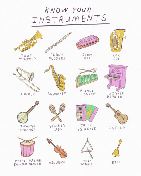 Funny music illustration of musical instruments with funny names, drawing of instruments with silly funny names, gift for musician, home decor art print for musician, drawing for music nerd 