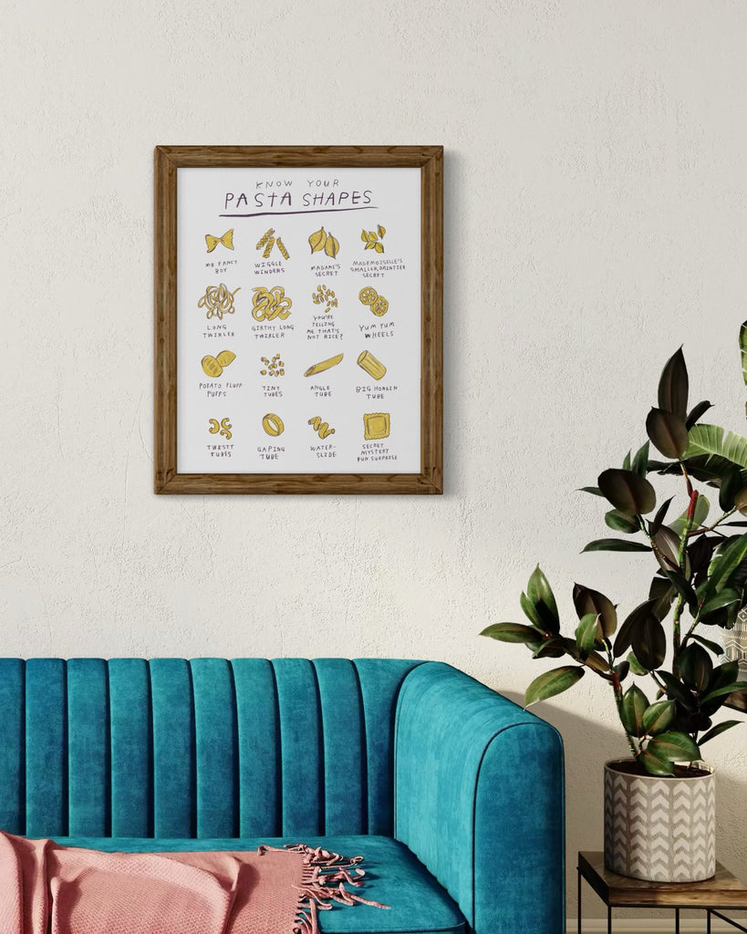 Funny kitchen art, framed art for kitchen, a print of funny names for the pasta shapes