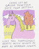 A drawing of a lilac horse against a pastel background with block lettering that says “Come, let us gallop into your destiny like two formidable beasts with hearts as pure as newborn piglets.”