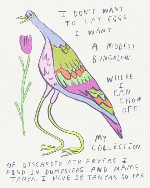 A drawing of a weird colourful bird with text that reads “I don’t want to lay eggs, I want a modest bungalow where I can show off my collection of discarded air fryers i find in dumpsters and name Tanya. I have 18 Tanyas so far.”