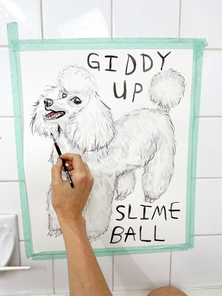 Painting a poodle in the bathtub.