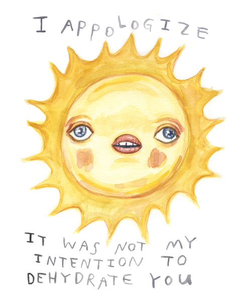 Watercolour Painting of the Sun apologizing for dehydrating you