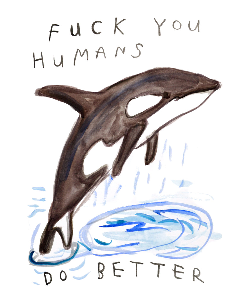 painting of an orca whale who is not happy with humanity. Painting by heather buchanan