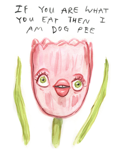 A painting of a pink tulip saying "If you are what you eat then I am Dog Pee"