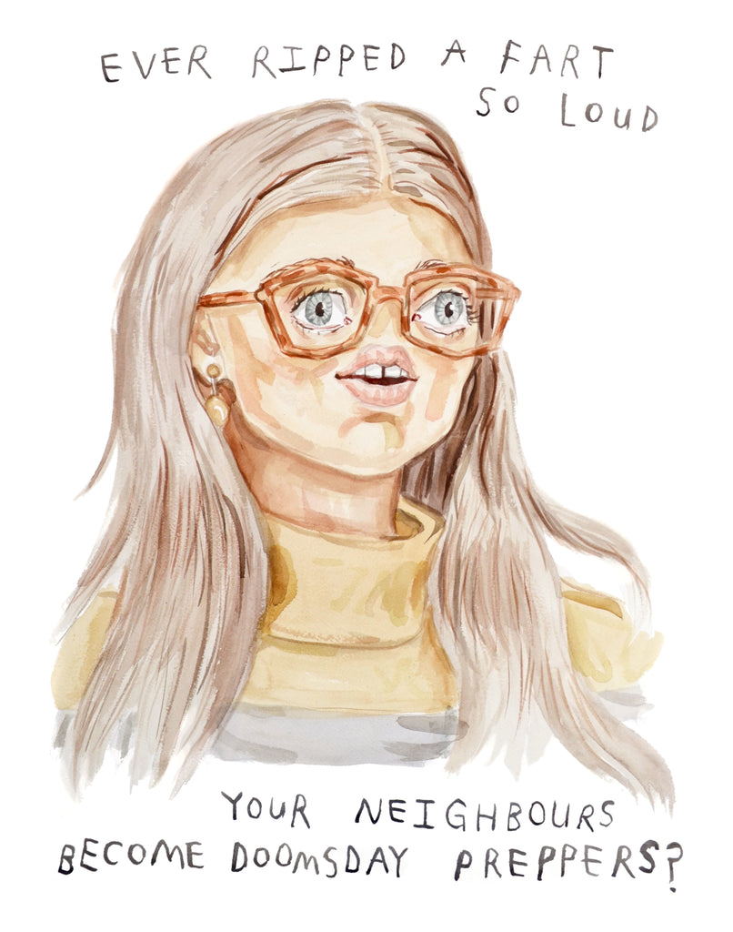 Painting of a long haired woman with glasses talking about her loud farts. Cute toot humour painting.