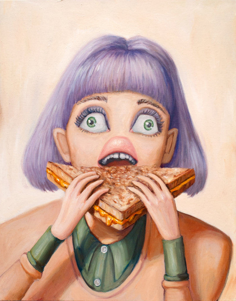 Painting of woman eating a grilled cheese sandwich. Girl with purple hair taking a bite. Contemporary art painting by Heather Buchanan