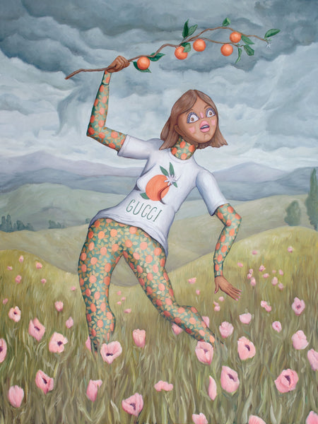 Painting of woman in poppy field fashion editorial painting gucci. Painting by Heather Buchanan