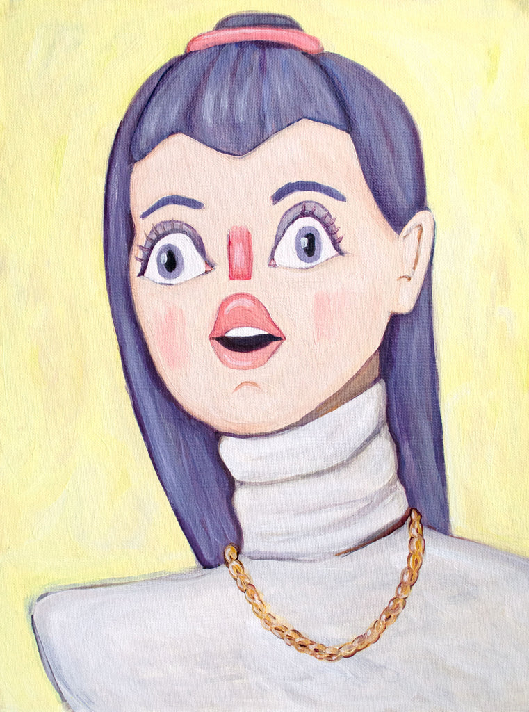 Portrait painting purple hair. Woman with a turtleneck and gold chain. Contemporary art portrait by Heather Buchanan.