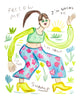 Watercolor illustration painting in fluorescent and neon colors of a woman in a crop shirt and bell bottoms who is fed up and going to lay down in the swamp and give up. But she looks happy about it?