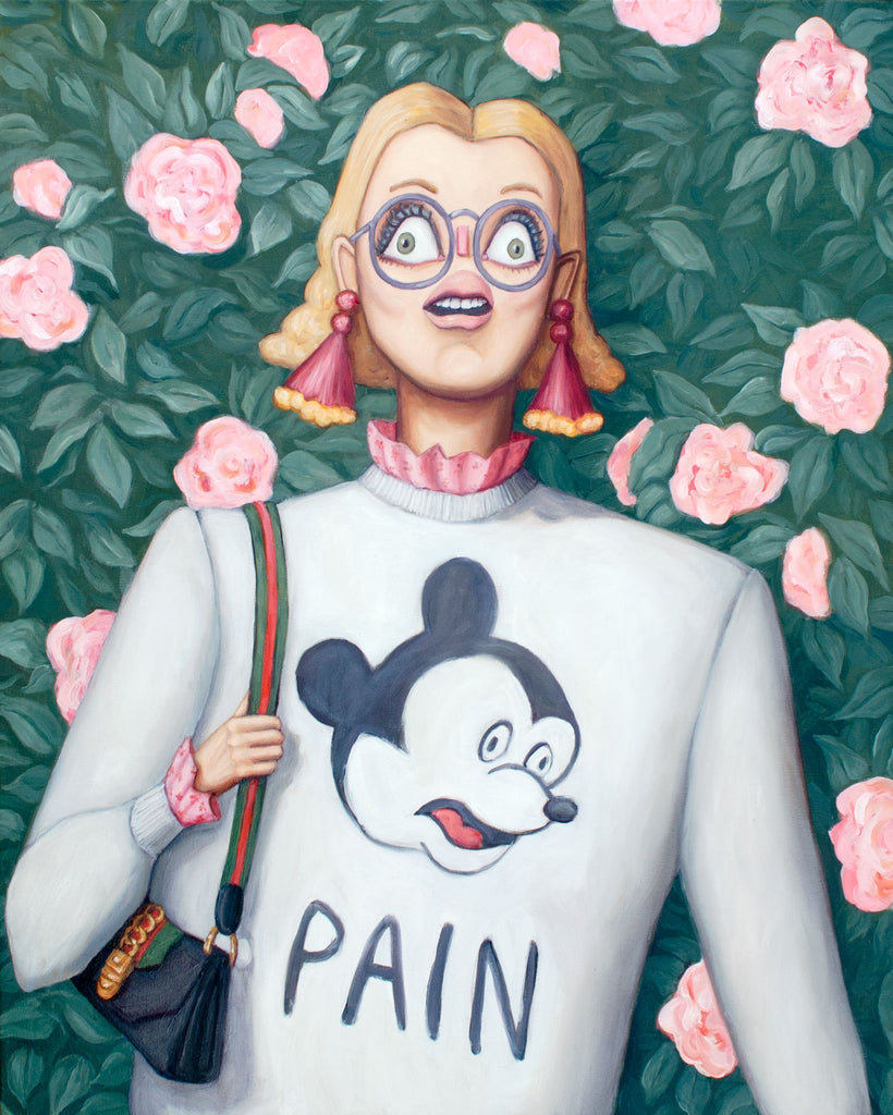 Original oil painting. fine art original art for sale. Canadian artist. portrait of a woman in a mickey mouse sweatshirt and a gucci bag having a panic attack in front of a beautiful instagram rose wall. She's fashionable, but the mickey mouse on her sweatshirt is having the same anxiety attack that she is. The sweatshirt also says "Pain" below the mickey head. It's a humour based piece of art, while also being a sensitive exploration of the pain of and anguish possible in modern existence.