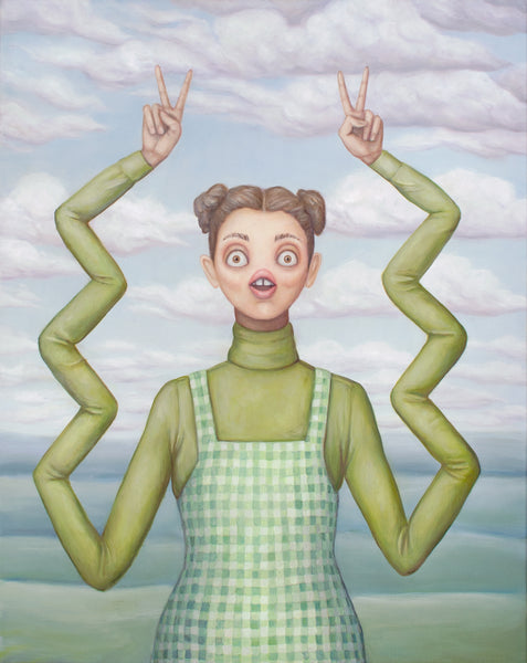 painting of cute woman in turtleneck and lime green gingam dress. She's holding up two peace signs, but her arms are mutant zigzags. She's super cute, yet utterly terrified. There is a pretty landscape in the background. Original painting by artist Heather Buchanan