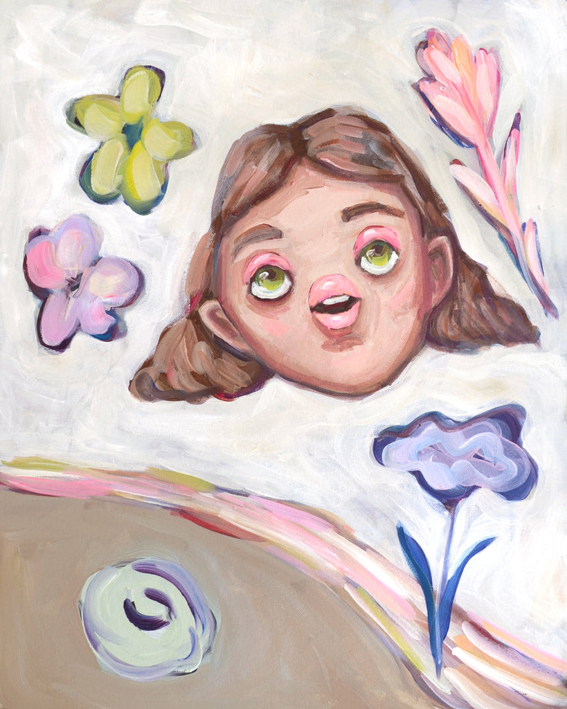 Portrait and Five Flowers - Original Painting