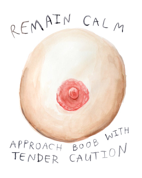 Watercolor painting of a boob by artist Heather Buchanan. Text says to remain calm, and approach the breast with tender caution. With tbh is probably good advice for boobs in general.
