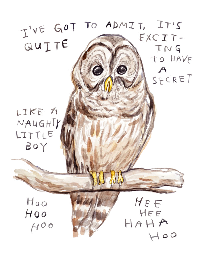 a painting of an owl who has a naughty little secret, and is giggling about it, hee hee hoo hoo hoo