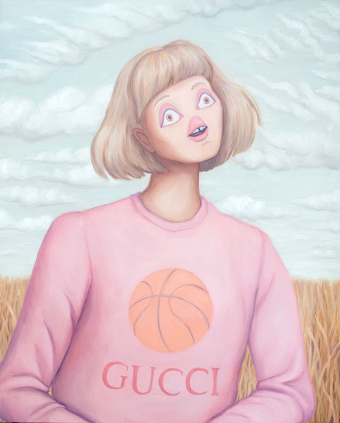 Woman with short blonde hair and bangs in a Gucci Basketball sweatshirt. She is seated in front of a partially cloudy sky and vast prairie. Original oil painting by contemporary canadian artist heather buchanan