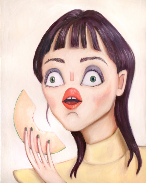 Painting of a woman with red lips eating a cantaloupe. Painting by Heather Buchanan
