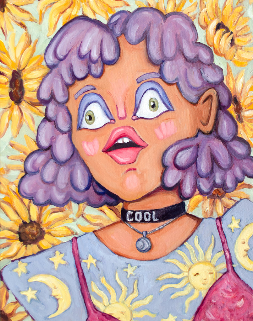 painting of woman with sunflowers in the background. her 1990s patterned shirt has suns and moons on it, layered with a velvet dress. She has curly textured hair, illustrated flatness, and a panicked look on her face. The things that make up this painting are calming, but it cumulates in anxiety. Original oil painting by artist Heather Buchanan