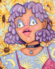 painting of woman with sunflowers in the background. her 1990s patterned shirt has suns and moons on it, layered with a velvet dress. She has curly textured hair, illustrated flatness, and a panicked look on her face. The things that make up this painting are calming, but it cumulates in anxiety. Original oil painting by artist Heather Buchanan