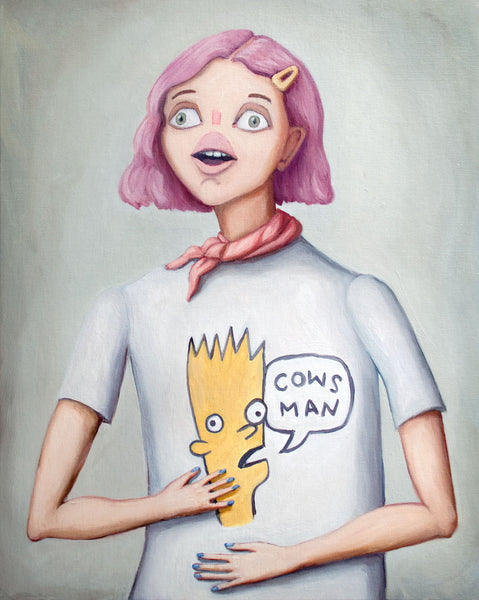 Painting of a woman in a bart Simpson shirt. Art by Heather Buchanan