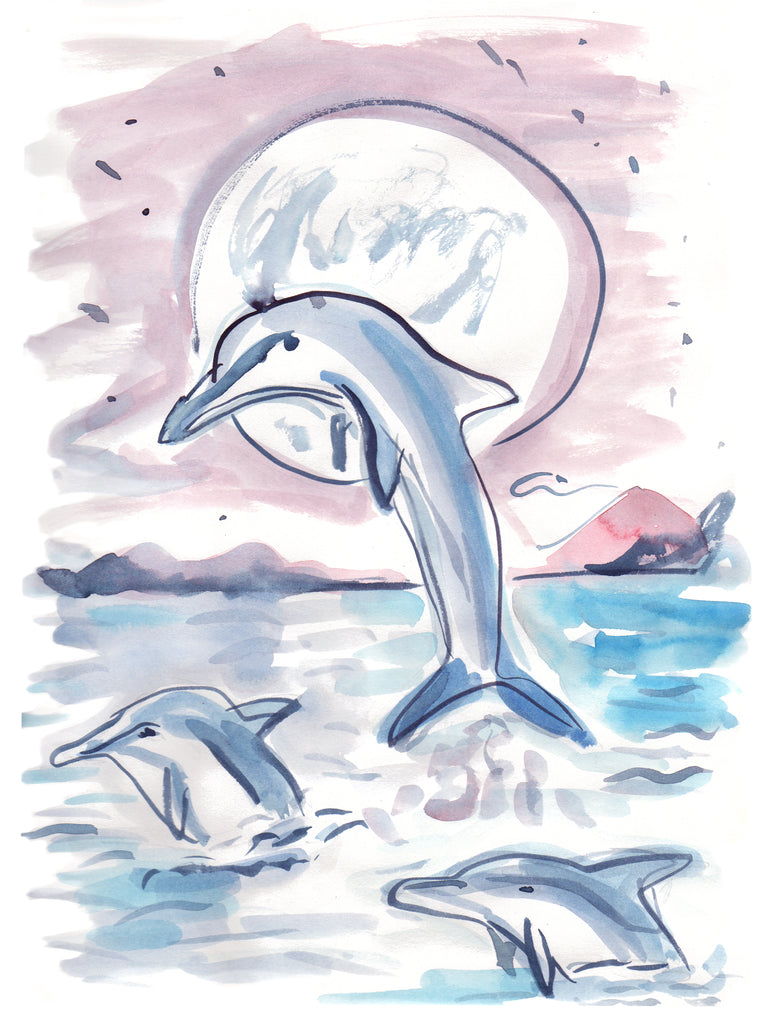 A purposely bad painting of dolphins. I wish I could say more, but it's just a beautifully sloppy painting of majestic, jumping, dolphins. Fine art by painter Heather Buchanan.
