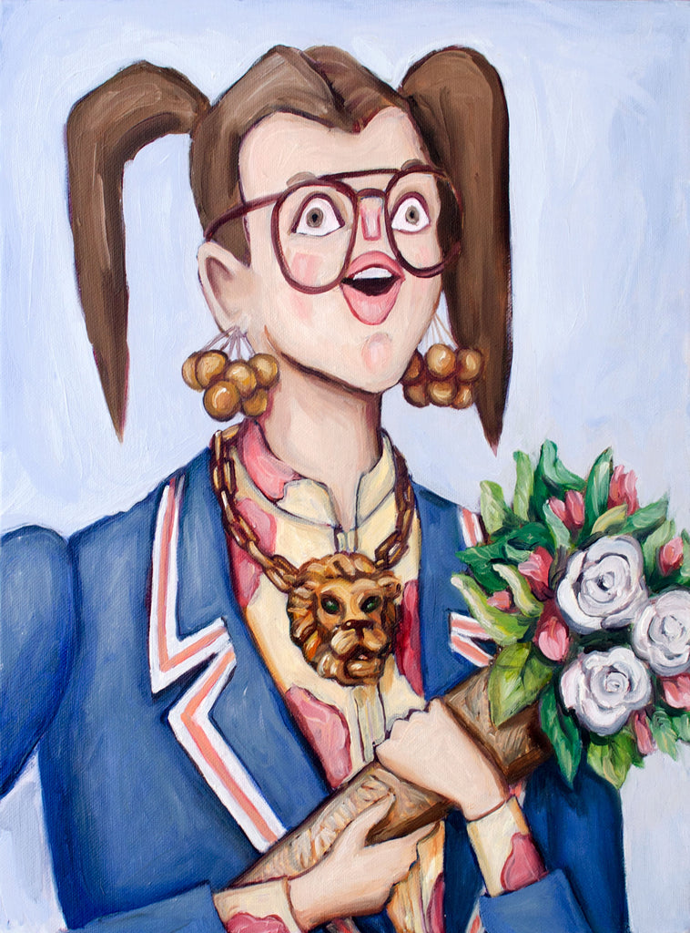 Edith is living her bliss, feeling her self. She holds a bouquet and is getting lavished with praise. Fine art portrait oil painting by contemporary artist Heather Buchanan. Edith is cool and hip and has a golden lion necklace.