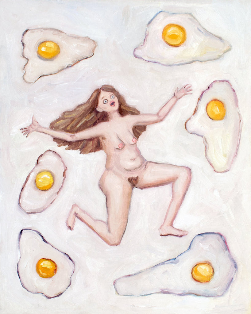 Nude woman with eggs oil painting. Contemporary art loose oil painting of a nude woman with long flowing hair and a lot of white eggs on a white background.