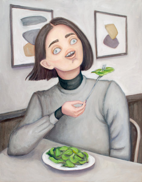 Oil painting of a woman laughing alone with salad. Neural shades of grey constrasted by the bright green salad. Fine art by Heather Buchanan