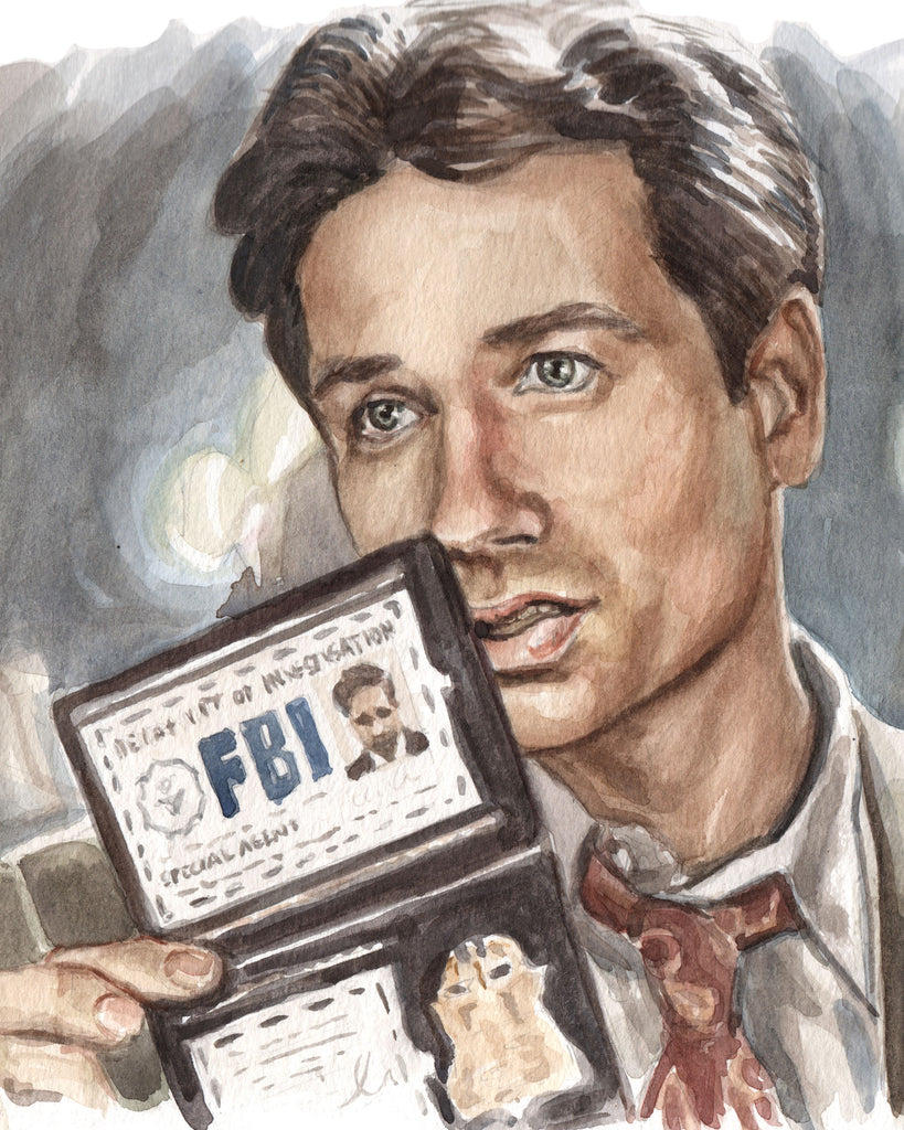 Mulder Flashing his Badge - X-Files Original Watercolor Painting